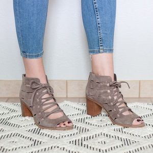 Vince Camuto Lace Up Suede & Wood Heeled Sandals